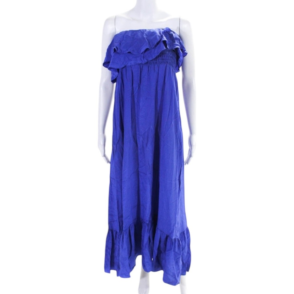 Jay Godfrey Blue Silk Strapless Ruffle Maxi‎ Dress 0